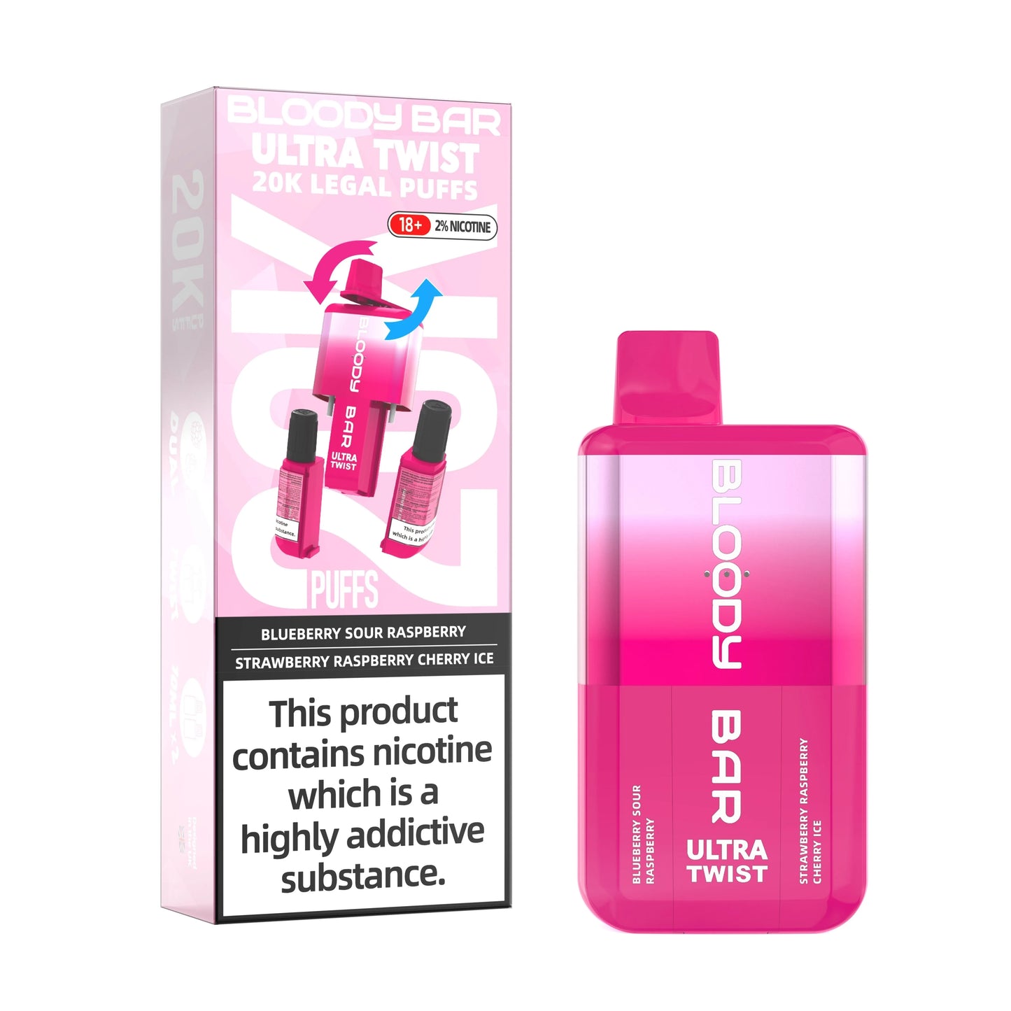 Blueberry Sour Raspberry/ Strawberry Raspberry Cherry Ice - Bloody Bar Ultra Twist 20,000 Puffs Einweg-Vape