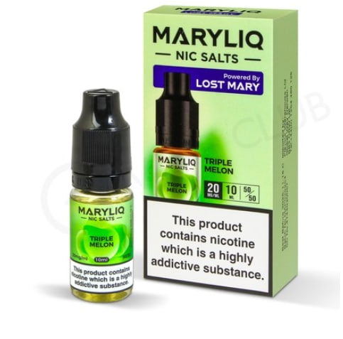 Lost Mary Maryliq Triple Melon Nic Salt E-Liquid 10ml bottle with packaging, 50/50 VG/PG balance.